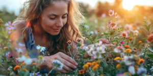 Woman practicing self-care by examining wildflowers in a field.