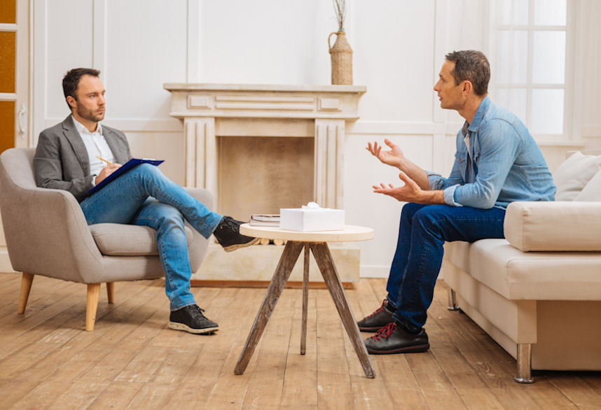 Man in therapy for schizophrenia and addiction treatment